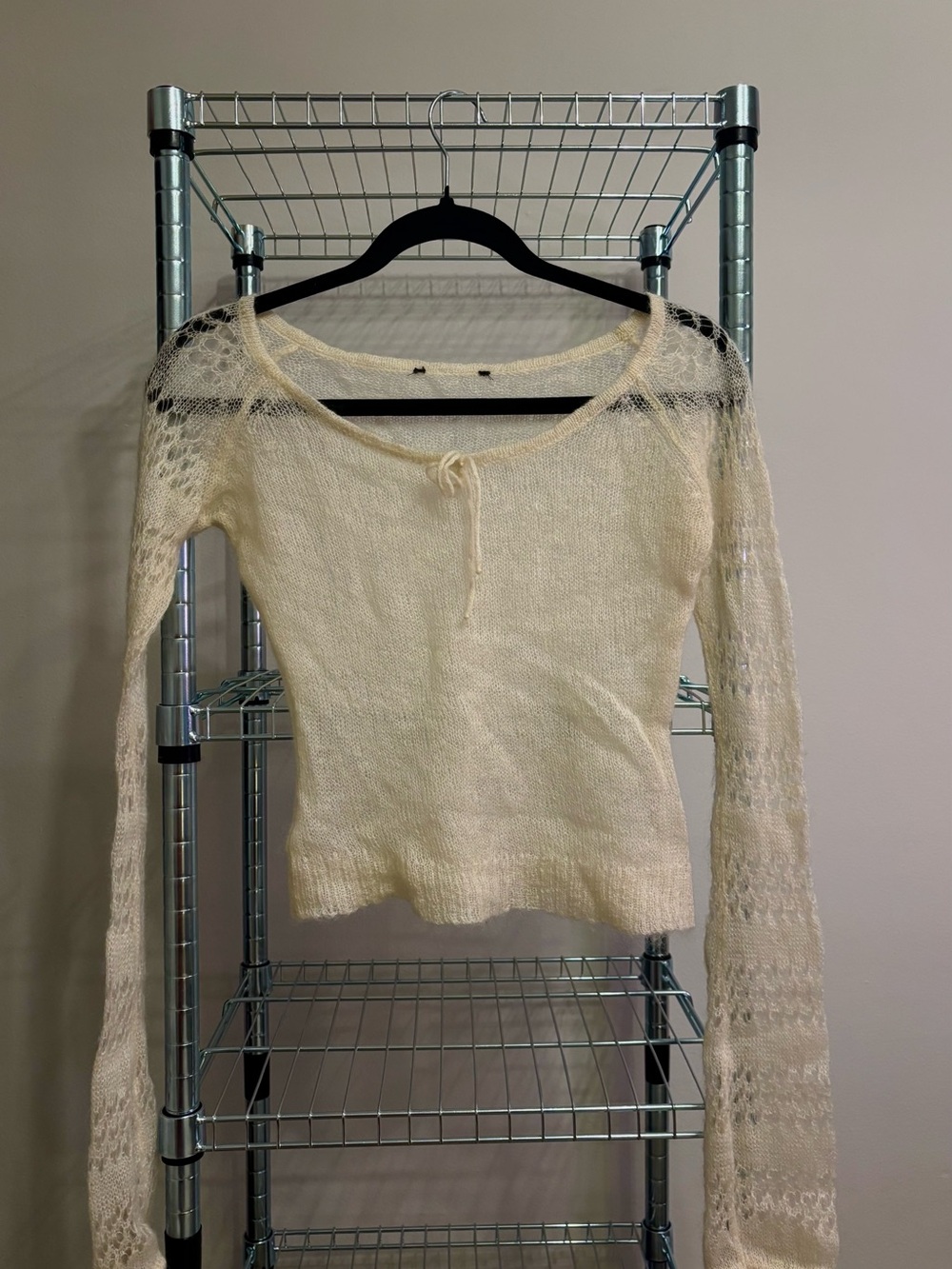 Light Cream Knit Women's Sweater with Lace Sleeves